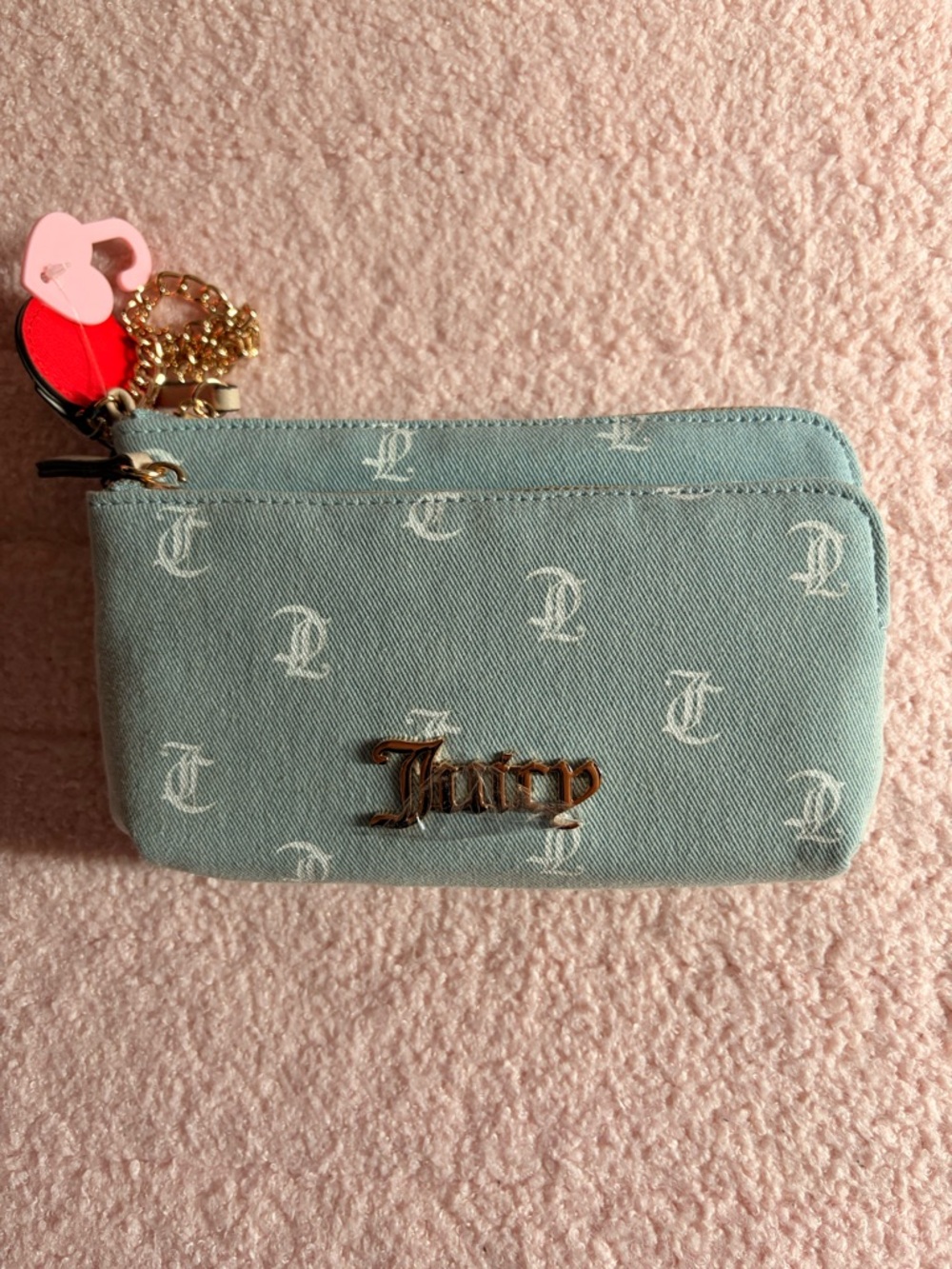 Juicy Couture Pale Blue Double Zip Coin & Card Pouch with Gold Hardware